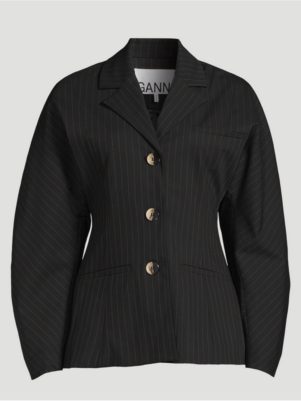 Ganni Black Pinstripe Blazer with Gold-Tone Buttons